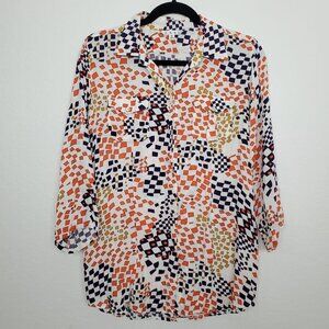 Cabi 404 Grand Prix Button Front Shirt Size M Geometric Print 3/4 Sleeve